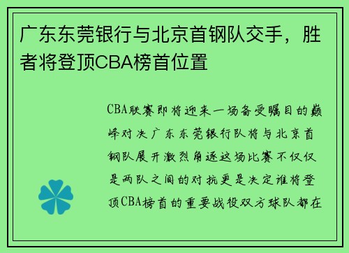 广东东莞银行与北京首钢队交手，胜者将登顶CBA榜首位置